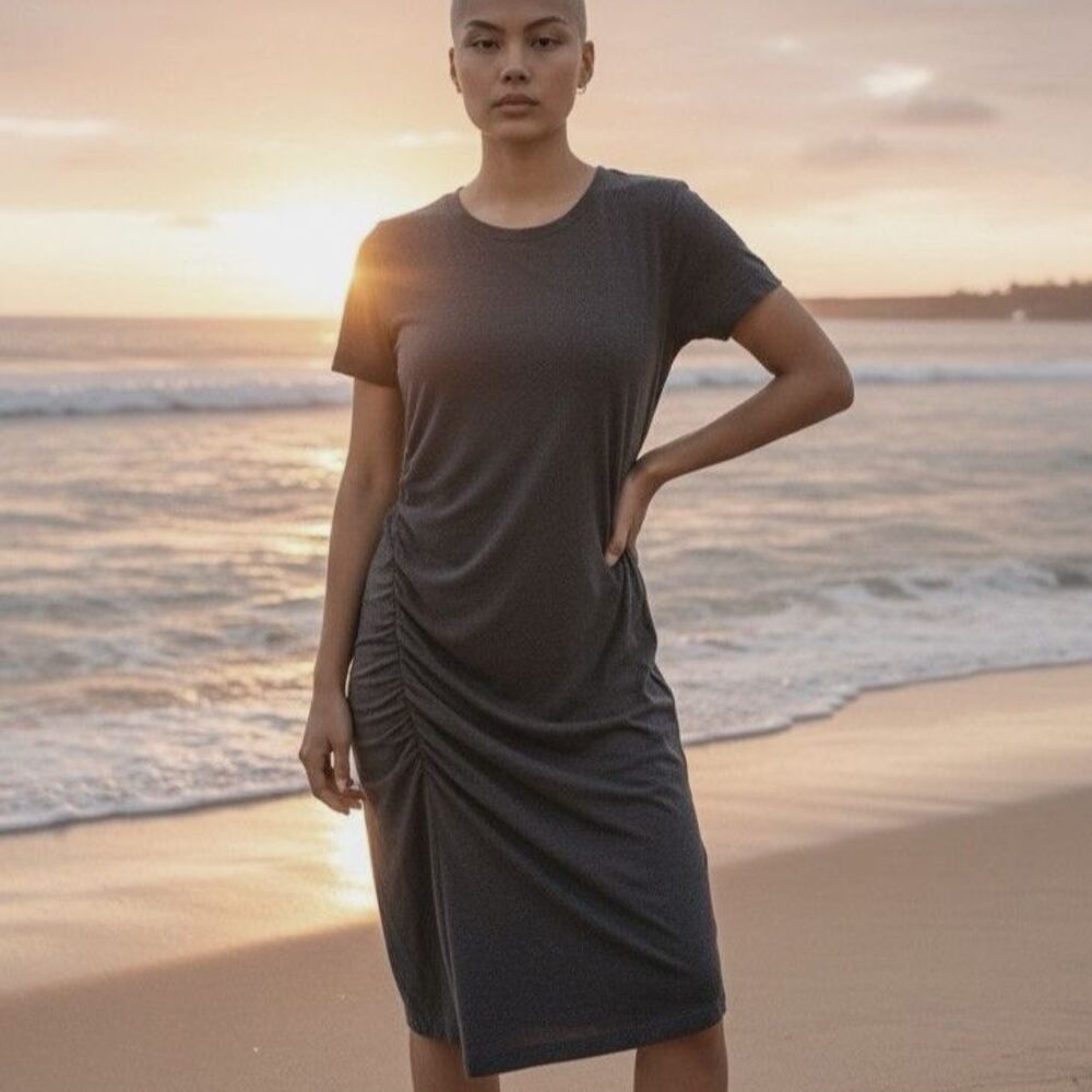 CAbi womens bodycon dress lined crew neck short sleeve gray ruched minimalist